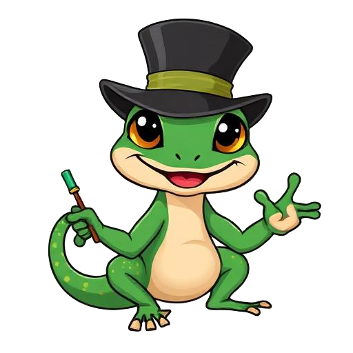 Gizmo the Gecko Magic mascot, a green gecko wearing a top hat and holding a wand